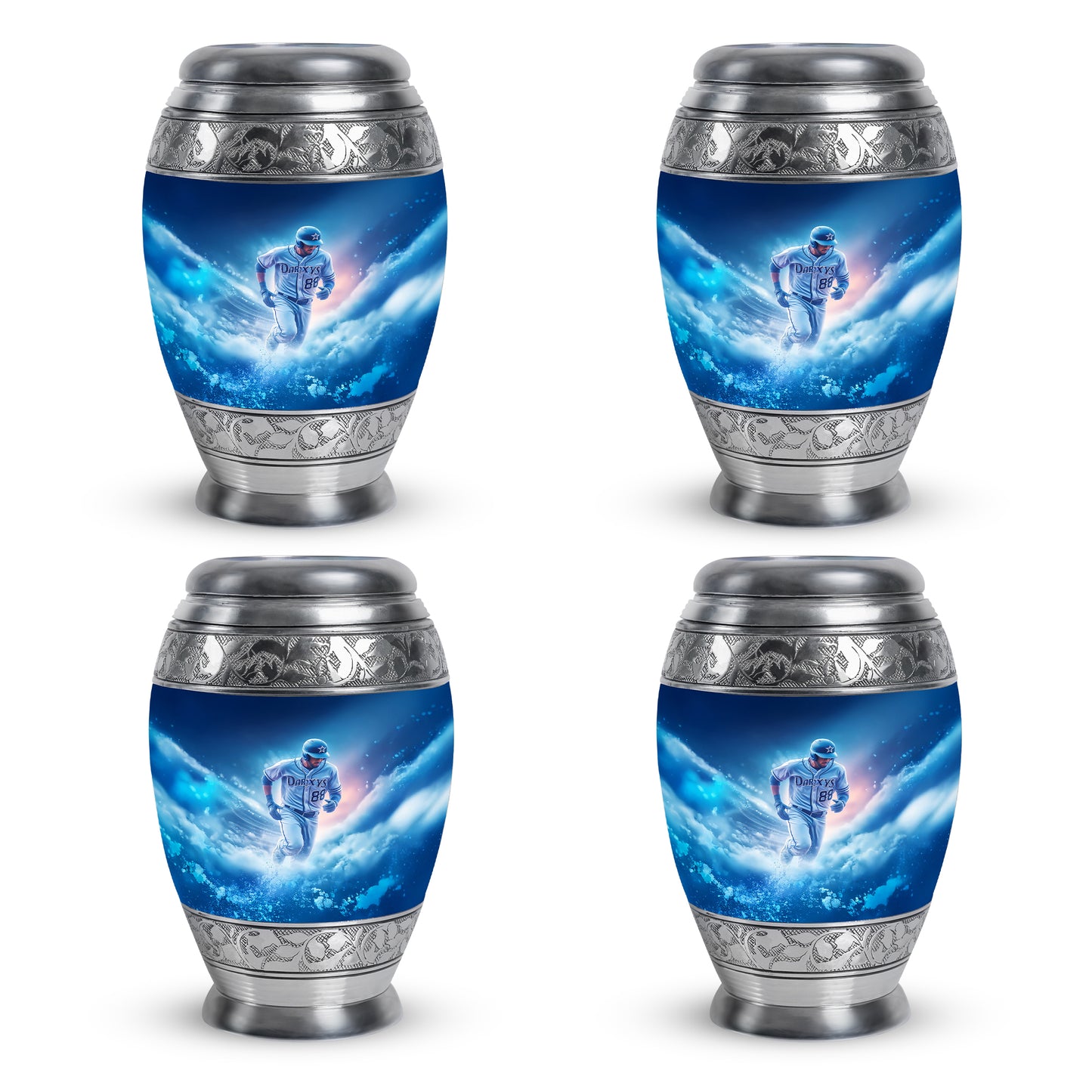 Royal Blue Baseball Cremation Urn urn with complimentary velvet bag - royal baseball engraving with decorative scrollwork - 10 inch aluminum urn for cremated remains