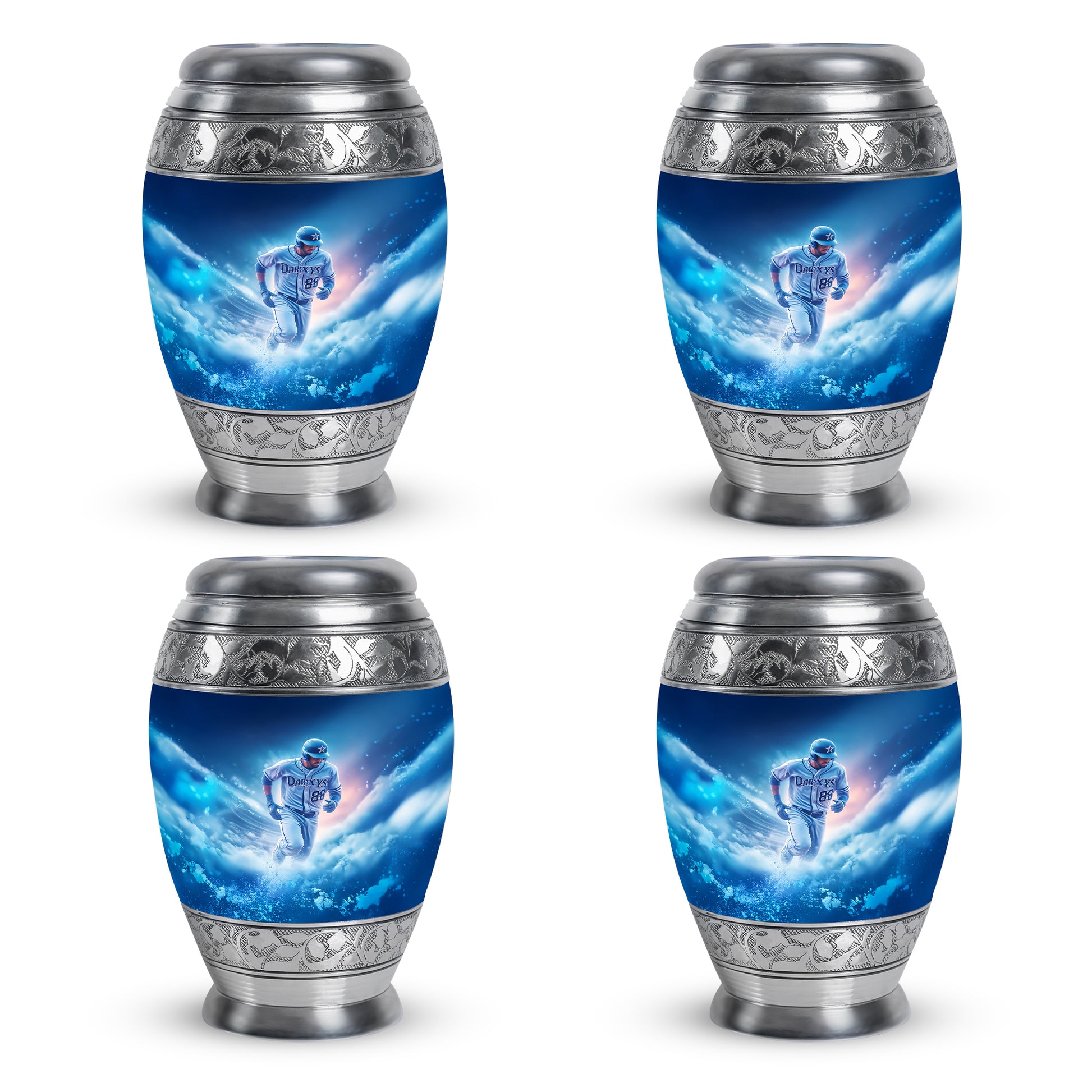 Royal Blue Baseball Cremation Urn urn with complimentary velvet bag - royal baseball engraving with decorative scrollwork - 10 inch aluminum urn for cremated remains