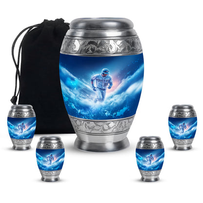 Indigo Baseball Cremation Urn detail view - regal baseball design with crown-inspired accents - memorial set with one large and four small urns