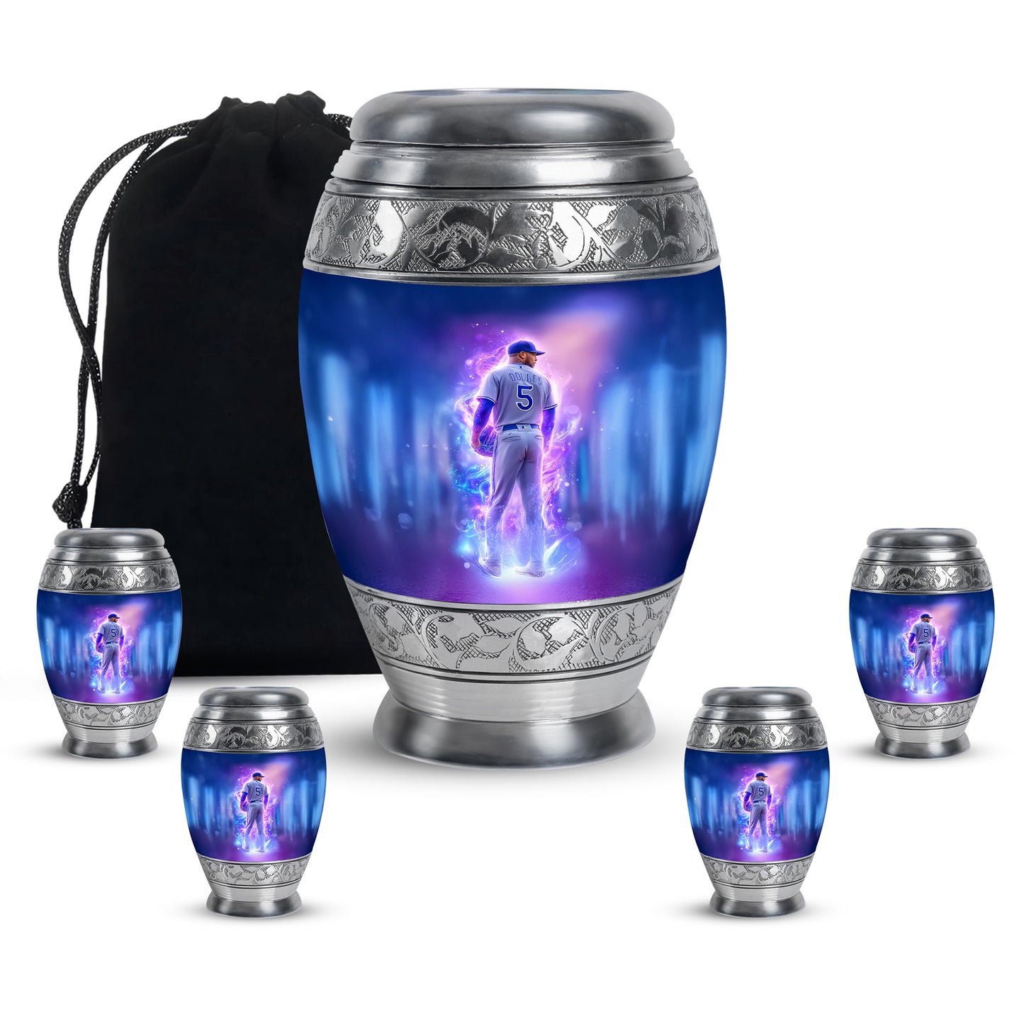 Soft Blue Baseball Cremation Urn detail view - majestic baseball pattern with filigree border - memorial set with one large and four small urns