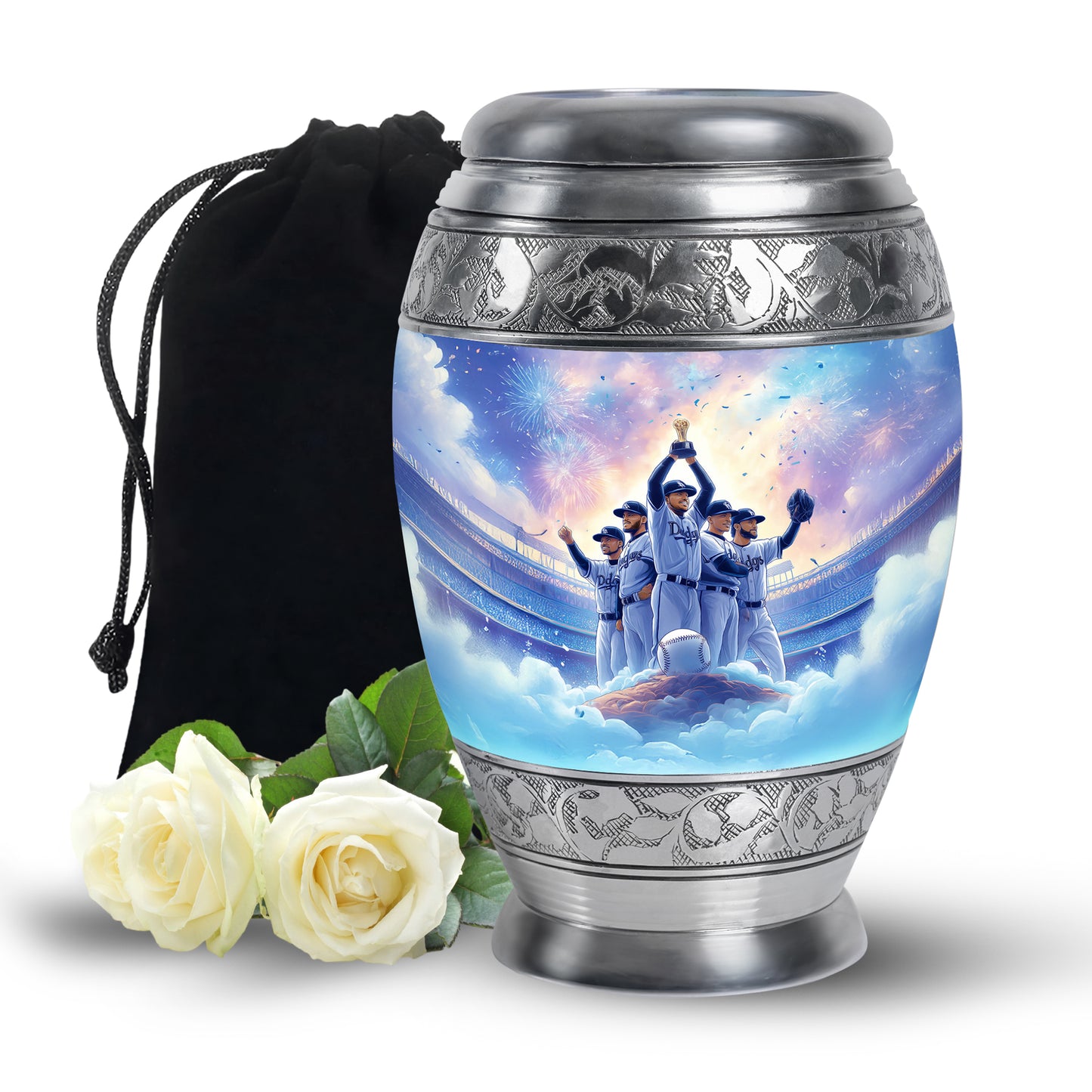 Twilight Purple Baseball Cremation Urn back view with polished surface - majestic baseball pattern with filigree border - full-size 10 inch 200 cubic inch adult cremation urn