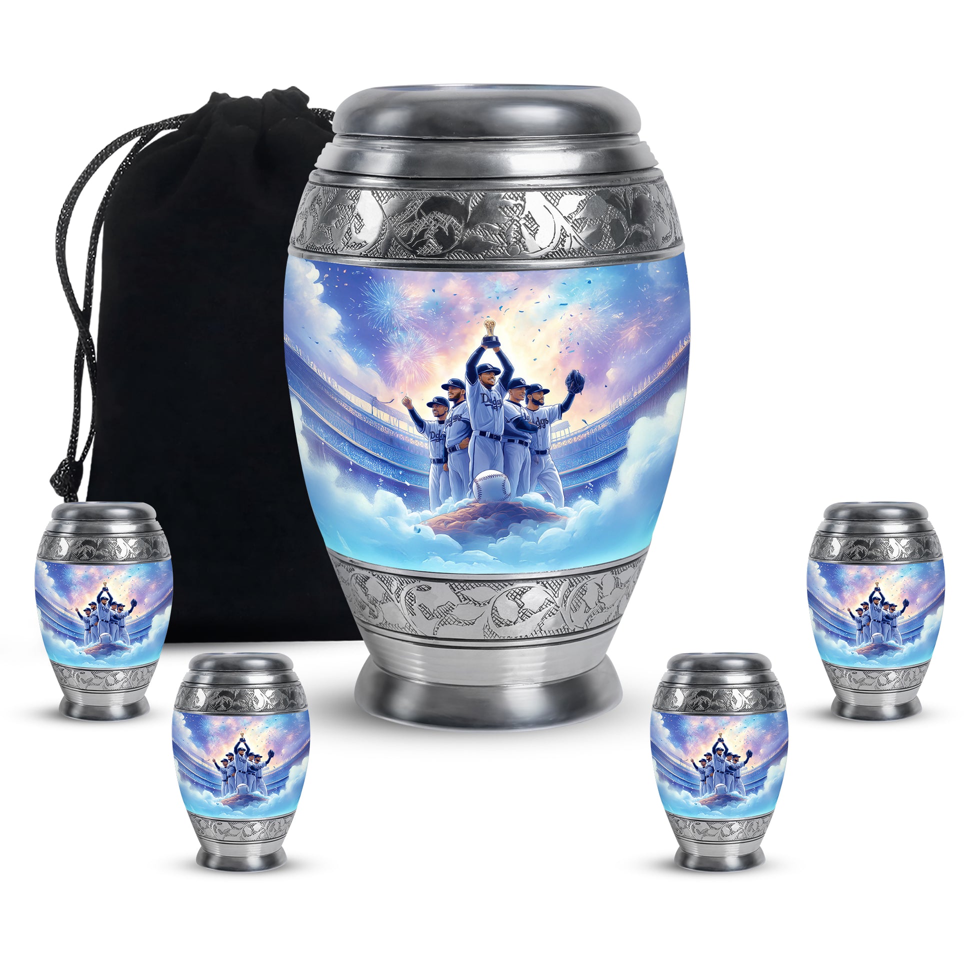 Amethyst Purple Baseball Cremation Urn detail view - ornate monarch-style baseball relief on brushed aluminum - memorial set with one large and four small urns