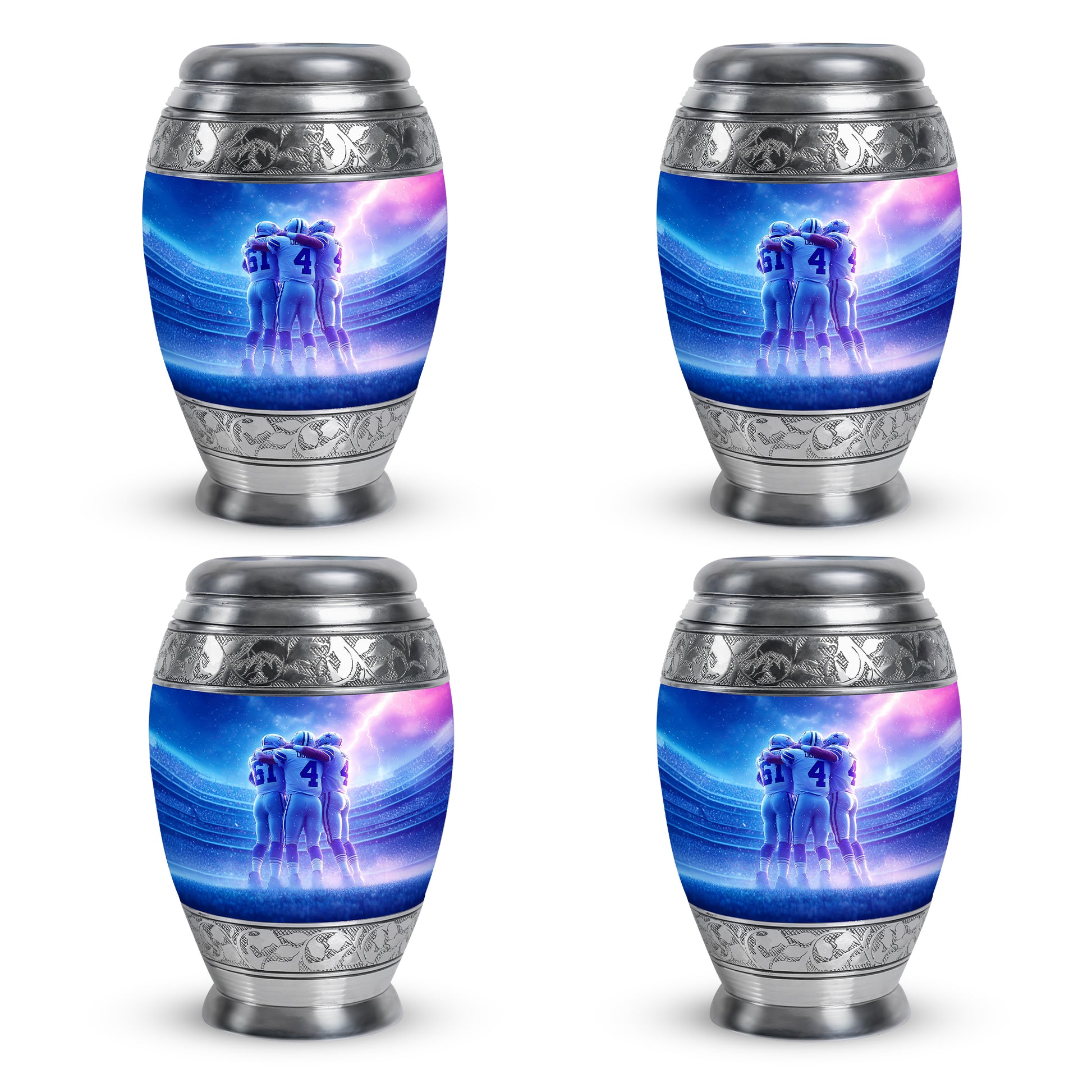Twilight Blue Baseball Cremation Urn urn with complimentary velvet bag - majestic baseball pattern with filigree border - 10 inch aluminum urn for cremated remains