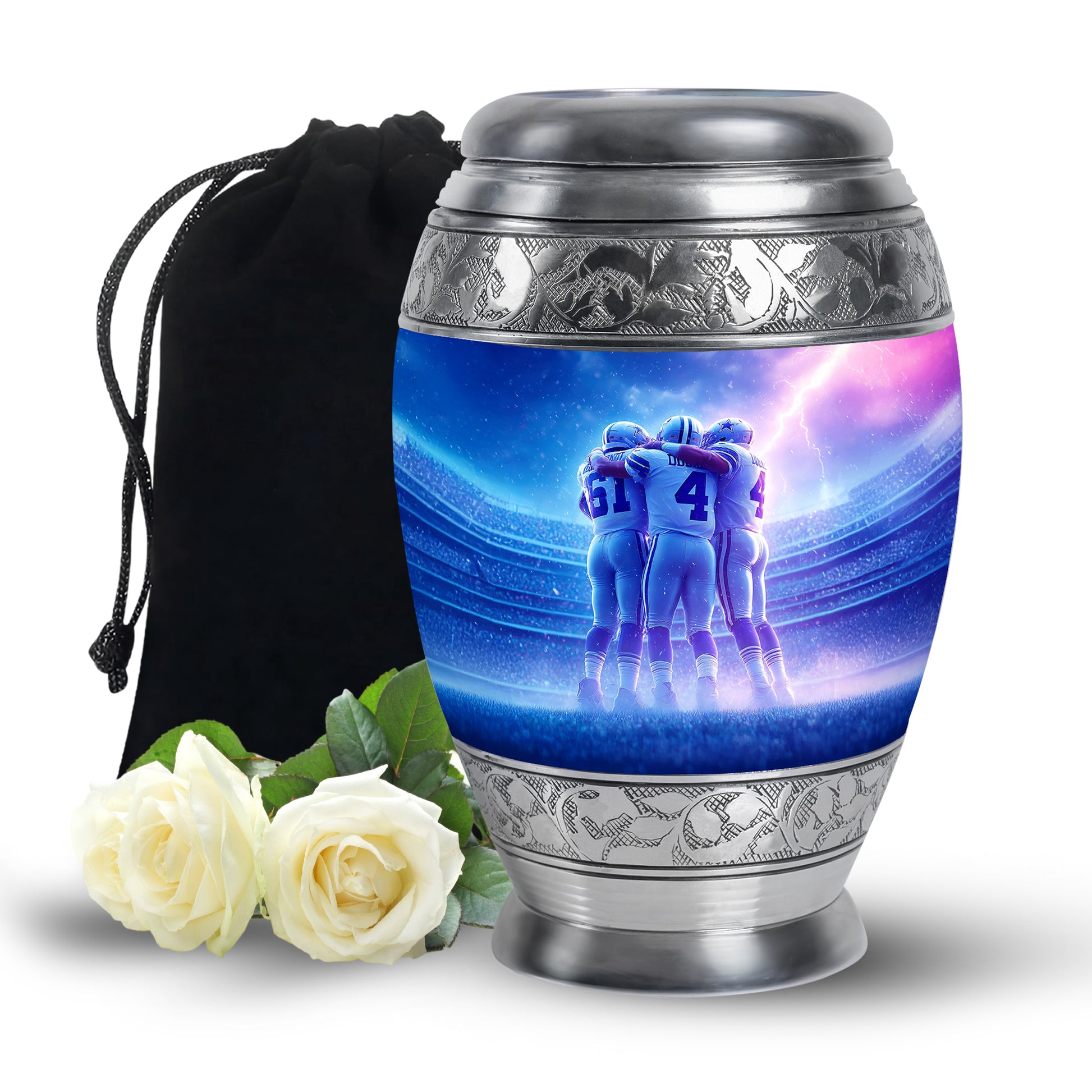 Vivid Blue Baseball Cremation Urn back view with polished surface - majestic baseball pattern with filigree border - full-size 10 inch 200 cubic inch adult cremation urn