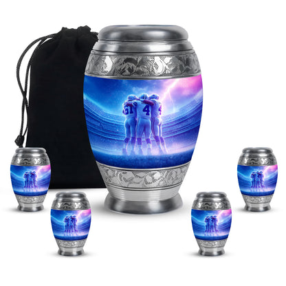Steel Blue Baseball Cremation Urn detail view - majestic baseball pattern with filigree border - memorial set with one large and four small urns