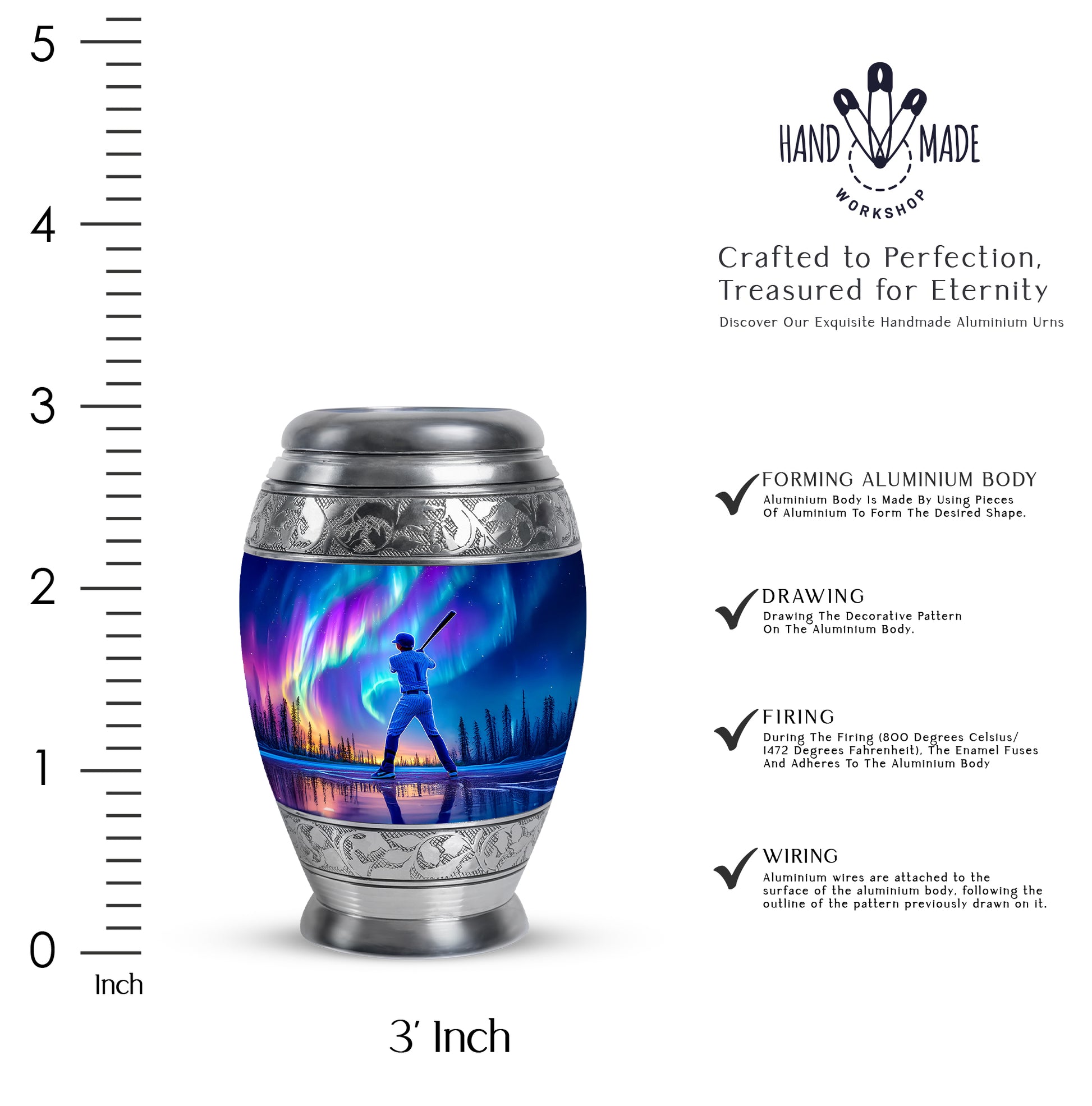 Twilight Blue Baseball Cremation Urn lifestyle display on memorial shelf - royal baseball engraving with decorative scrollwork - mini keepsake memorial for portion of cremation ashes