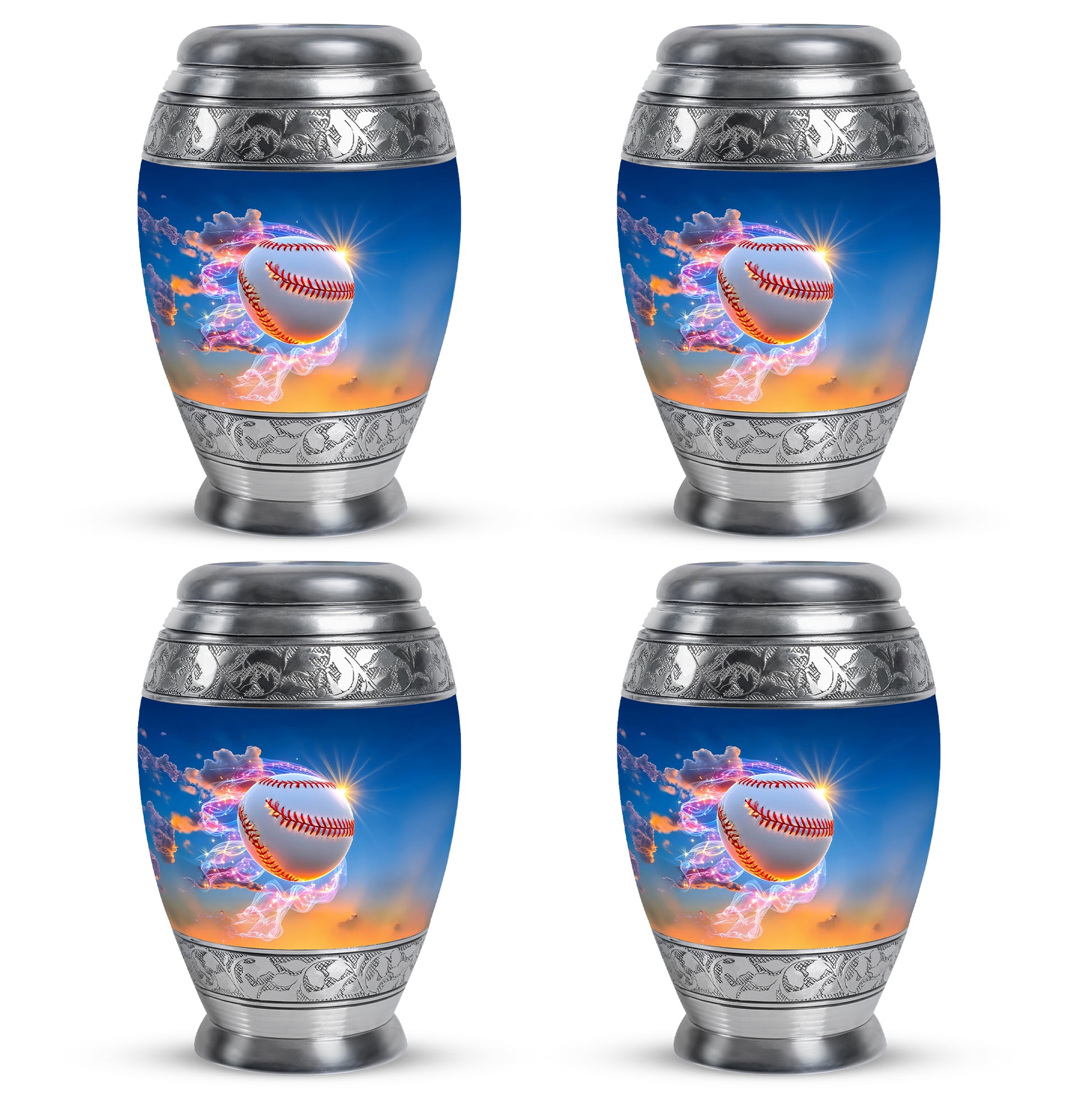 Misty Blue Baseball Cremation Urn urn with complimentary velvet bag - regal baseball design with crown-inspired accents - 10 inch aluminum urn for cremated remains