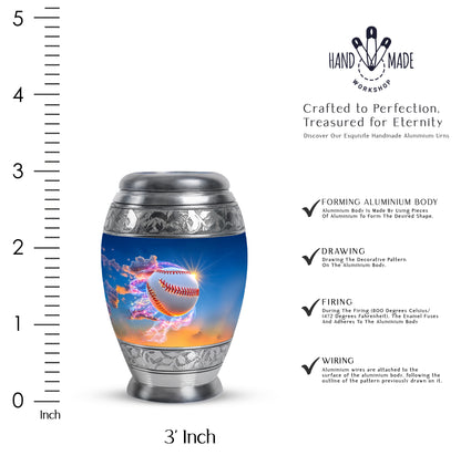 Vivid Blue Baseball Cremation Urn lifestyle display on memorial shelf - majestic baseball pattern with filigree border - mini keepsake memorial for portion of cremation ashes