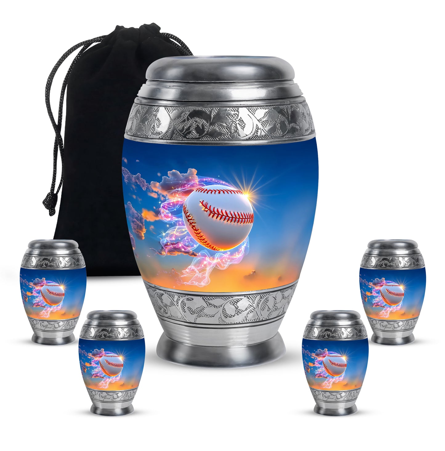 Sky Blue Baseball Cremation Urn detail view - ornate monarch-style baseball relief on brushed aluminum - memorial set with one large and four small urns