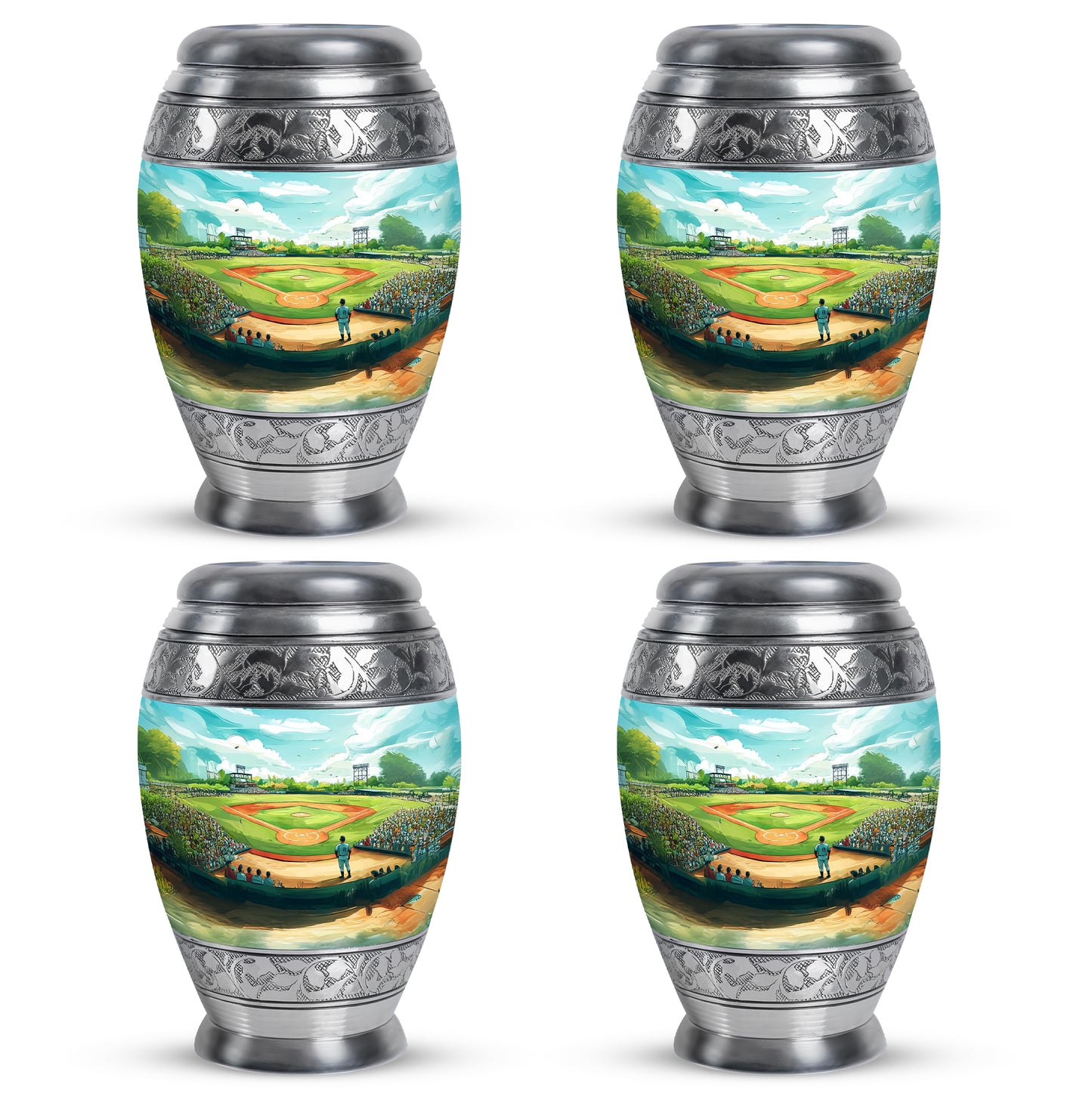 Ocean Teal Baseball Cremation Urn urn with complimentary velvet bag - ornate monarch-style baseball relief on brushed aluminum - 10 inch aluminum urn for cremated remains