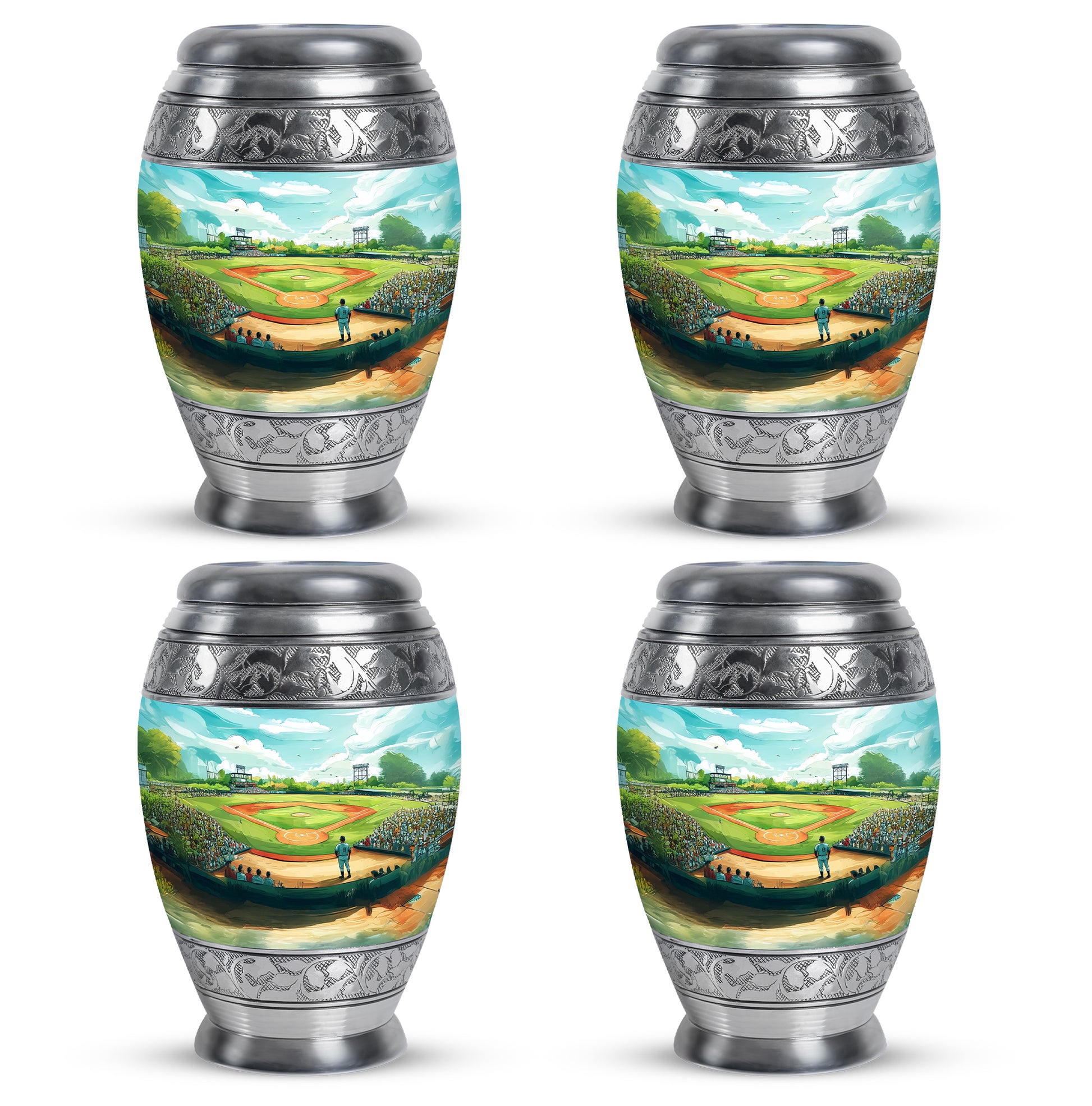 Ocean Teal Baseball Cremation Urn urn with complimentary velvet bag - ornate monarch-style baseball relief on brushed aluminum - 10 inch aluminum urn for cremated remains