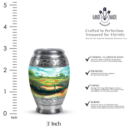 Deep Teal Baseball Cremation Urn lifestyle display on memorial shelf - royal baseball engraving with decorative scrollwork - mini keepsake memorial for portion of cremation ashes