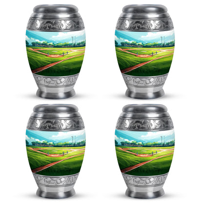 Vivid Teal Baseball Cremation Urn urn with complimentary velvet bag - royal baseball engraving with decorative scrollwork - 10 inch aluminum urn for cremated remains