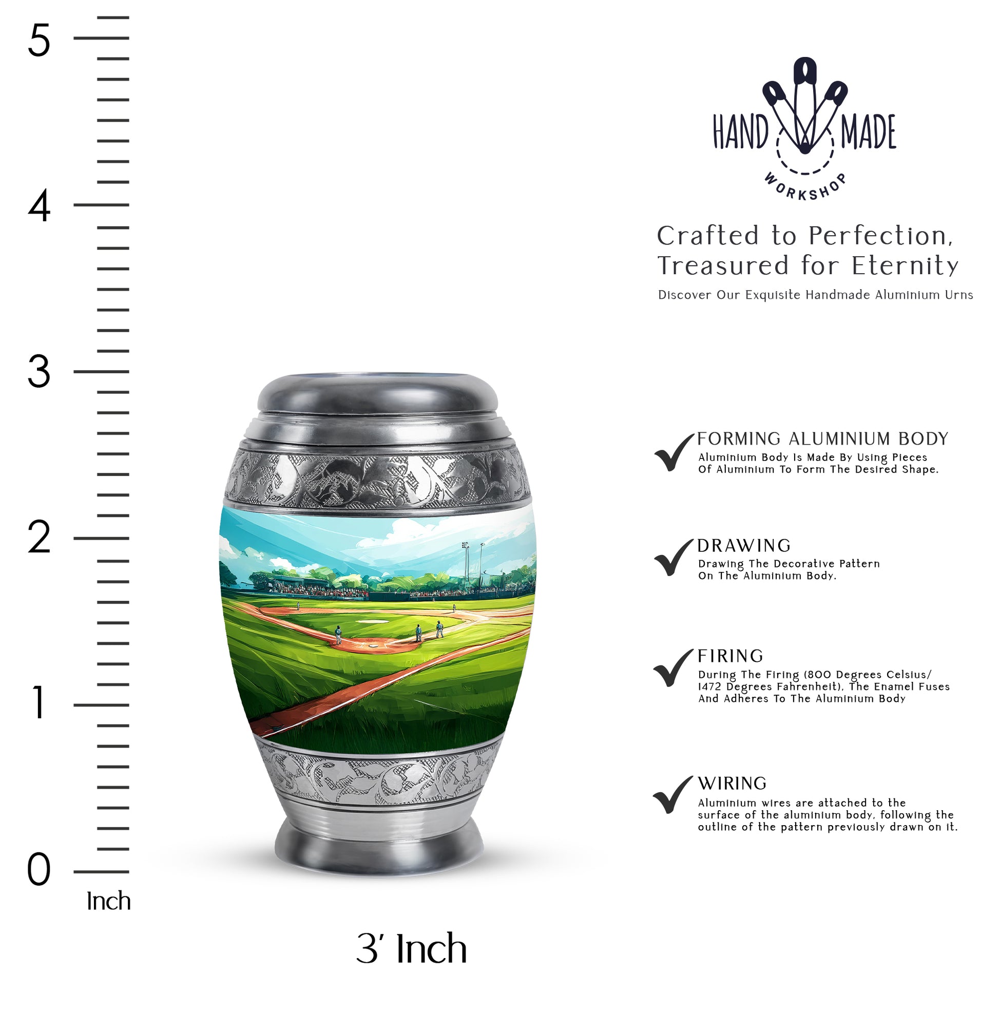 Aqua Teal Baseball Cremation Urn lifestyle display on memorial shelf - royal baseball engraving with decorative scrollwork - mini keepsake memorial for portion of cremation ashes