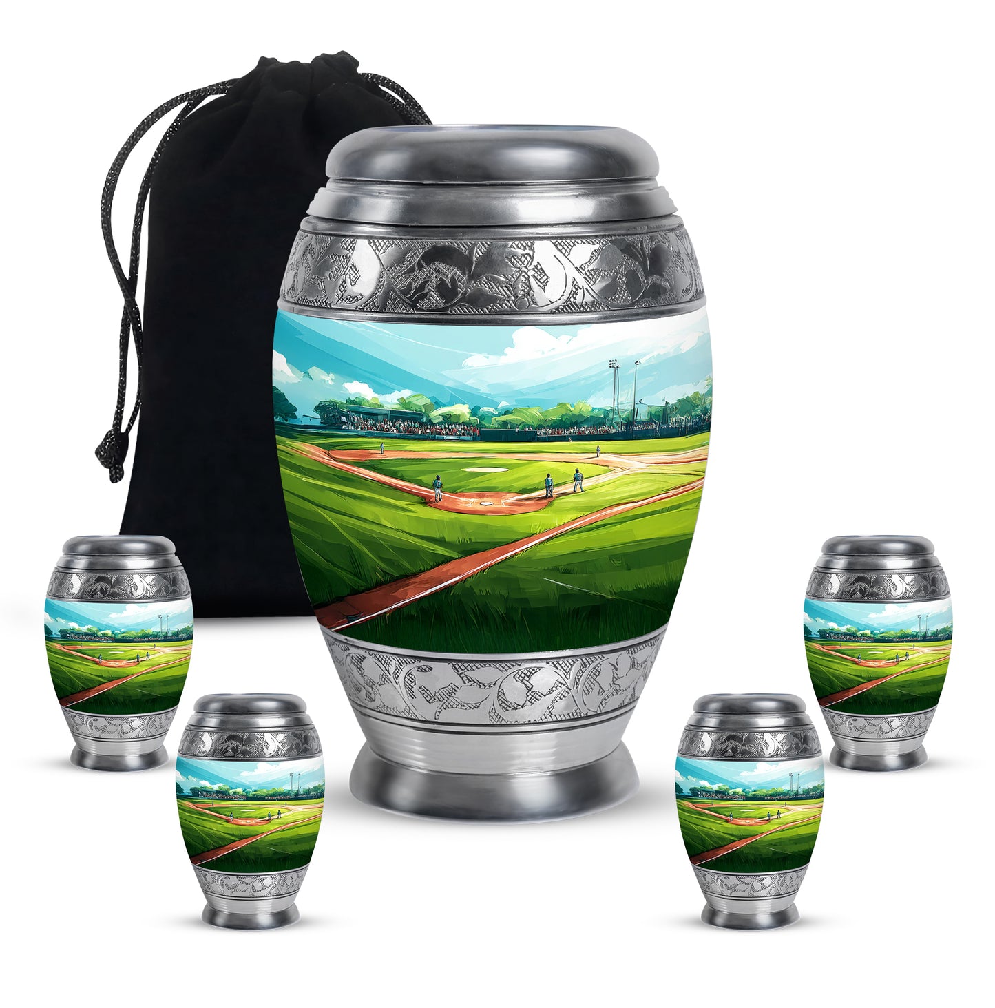 Soft Teal Baseball Cremation Urn detail view - regal baseball design with crown-inspired accents - memorial set with one large and four small urns
