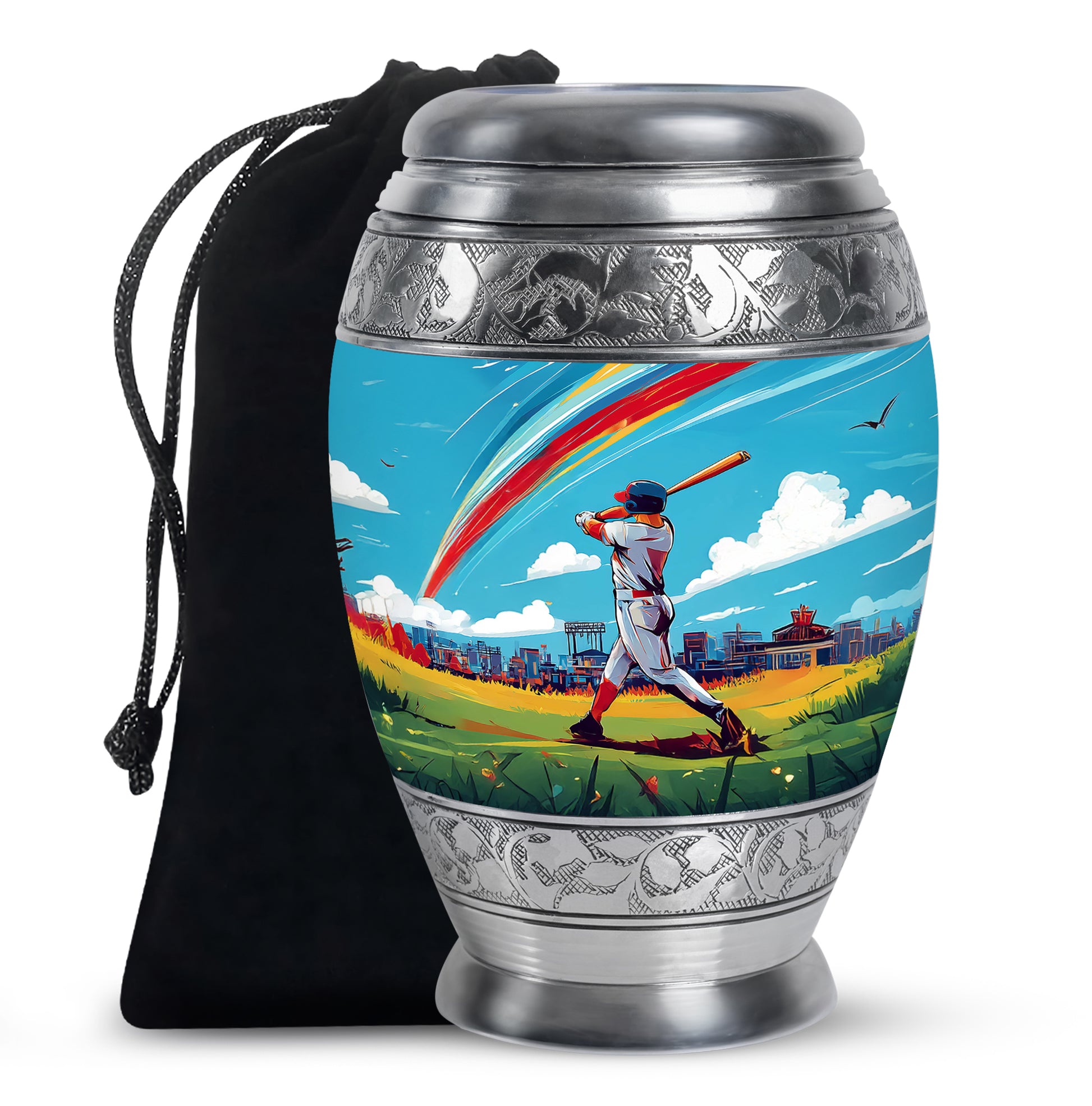 Sea Green Teal Baseball Cremation Urn back view with polished surface - ornate monarch-style baseball relief on brushed aluminum - full-size 10 inch 200 cubic inch adult cremation urn