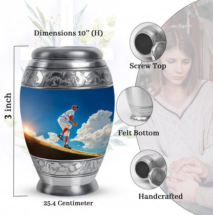 Sky Blue Baseball Cremation Urn lifestyle display on memorial shelf - regal baseball design with crown-inspired accents - mini keepsake memorial for portion of cremation ashes