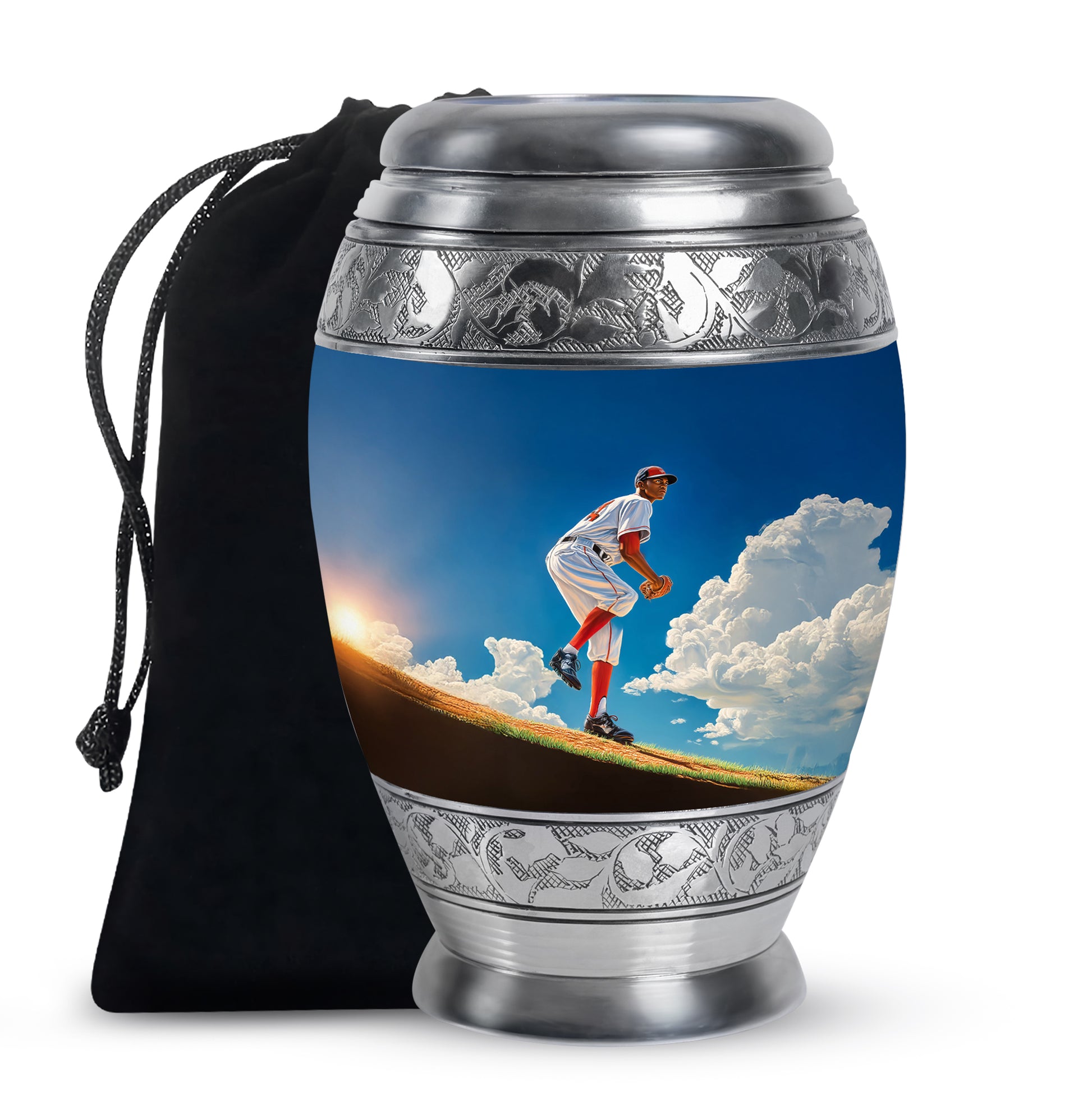 Pastel Blue Baseball Cremation Urn back view with polished surface - ornate monarch-style baseball relief on brushed aluminum - full-size 10 inch 200 cubic inch adult cremation urn