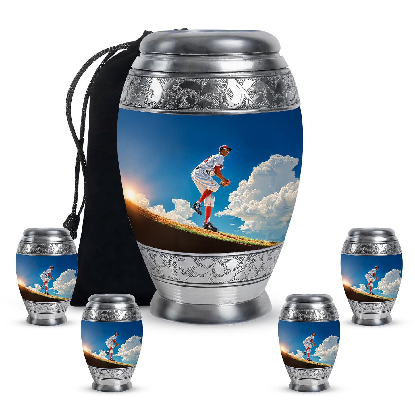 Sky Blue Baseball Cremation Urn detail view - regal baseball design with crown-inspired accents - memorial set with one large and four small urns