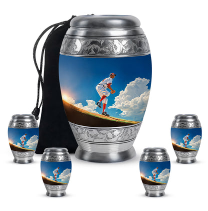 Sky Blue Baseball Cremation Urn detail view - regal baseball design with crown-inspired accents - memorial set with one large and four small urns