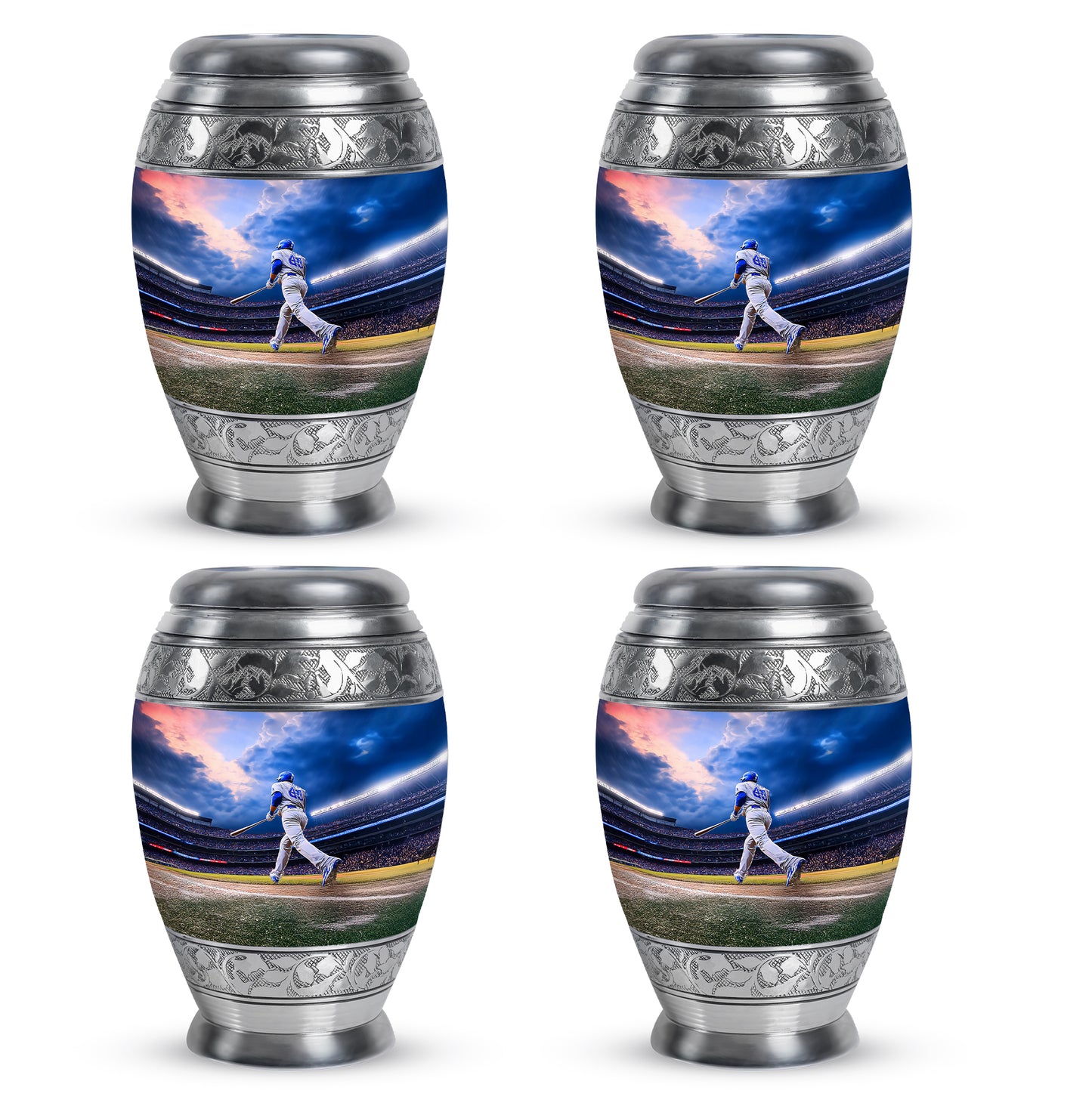 Royal Blue Baseball Cremation Urn urn with complimentary velvet bag - majestic baseball pattern with filigree border - 10 inch aluminum urn for cremated remains