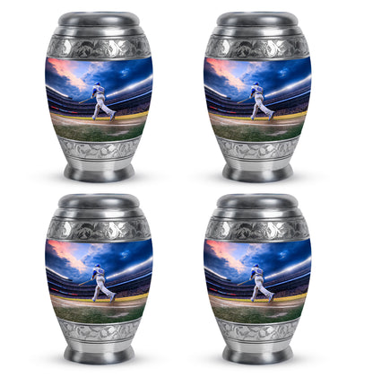 Royal Blue Baseball Cremation Urn urn with complimentary velvet bag - majestic baseball pattern with filigree border - 10 inch aluminum urn for cremated remains