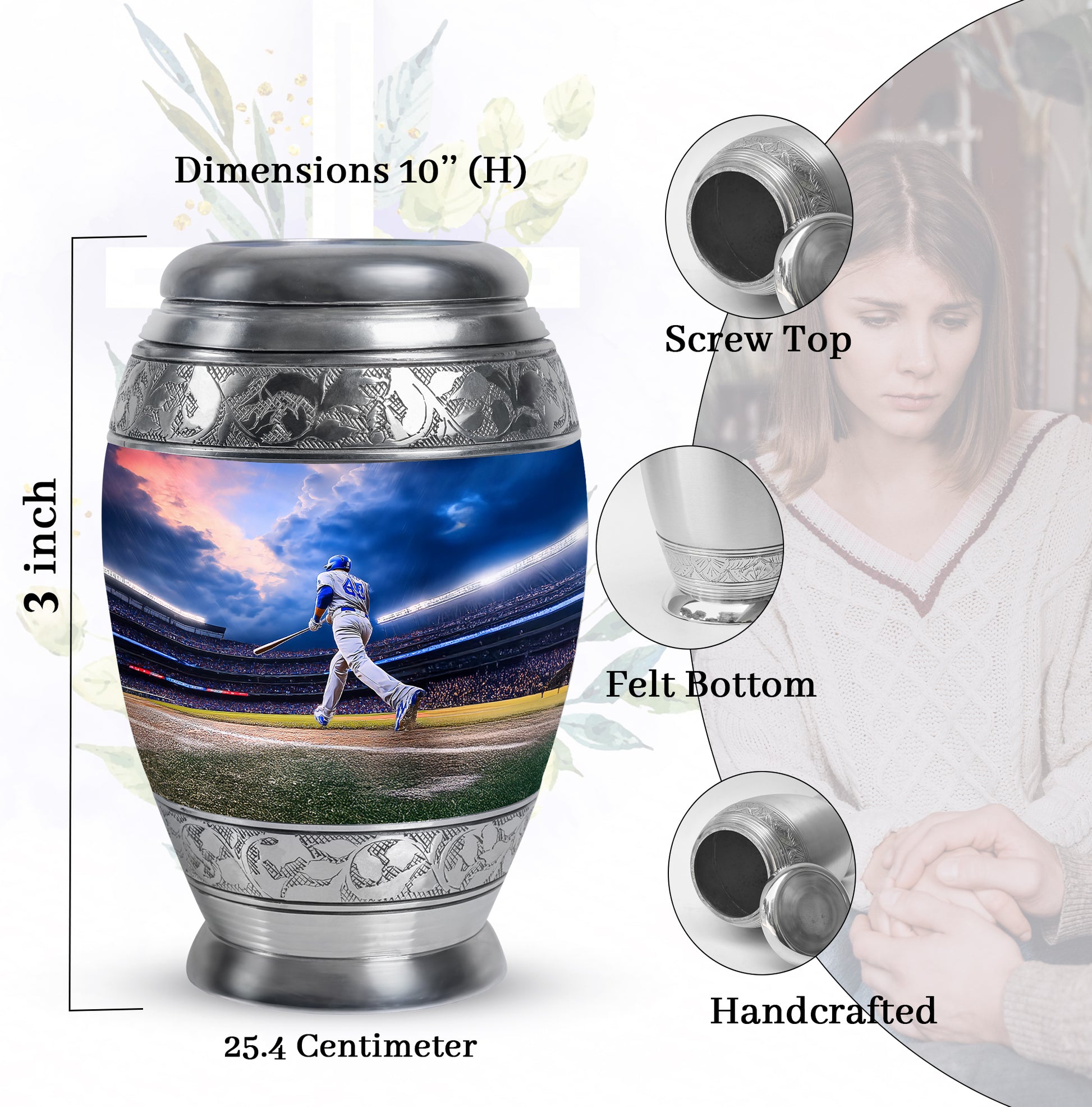 Vivid Blue Baseball Cremation Urn lifestyle display on memorial shelf - royal baseball engraving with decorative scrollwork - mini keepsake memorial for portion of cremation ashes