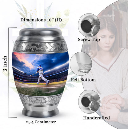 Vivid Blue Baseball Cremation Urn lifestyle display on memorial shelf - royal baseball engraving with decorative scrollwork - mini keepsake memorial for portion of cremation ashes