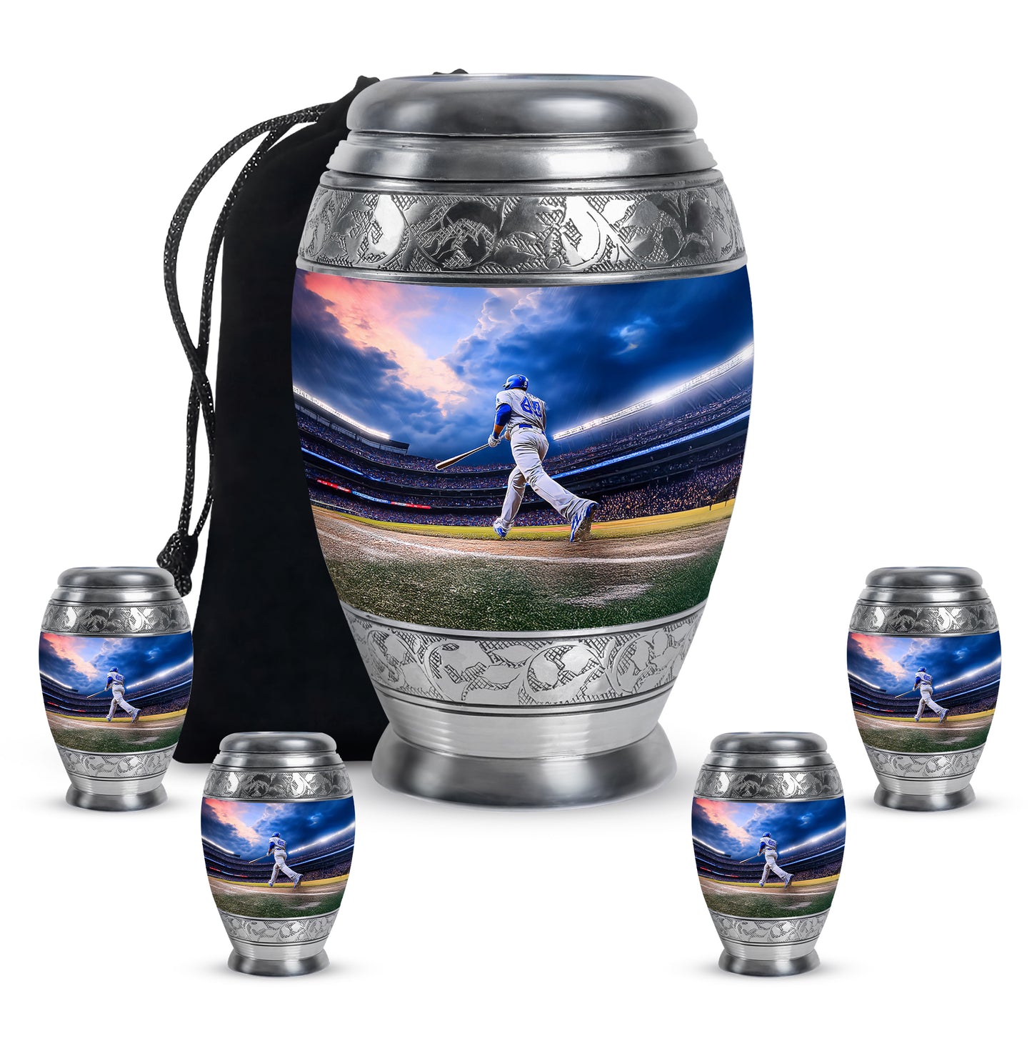 Icy Blue Baseball Cremation Urn detail view - ornate monarch-style baseball relief on brushed aluminum - memorial set with one large and four small urns