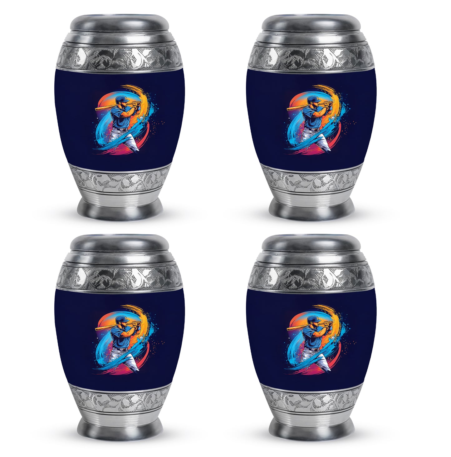 Soft Blue Baseball Cremation Urn urn with complimentary velvet bag - majestic baseball pattern with filigree border - 10 inch aluminum urn for cremated remains
