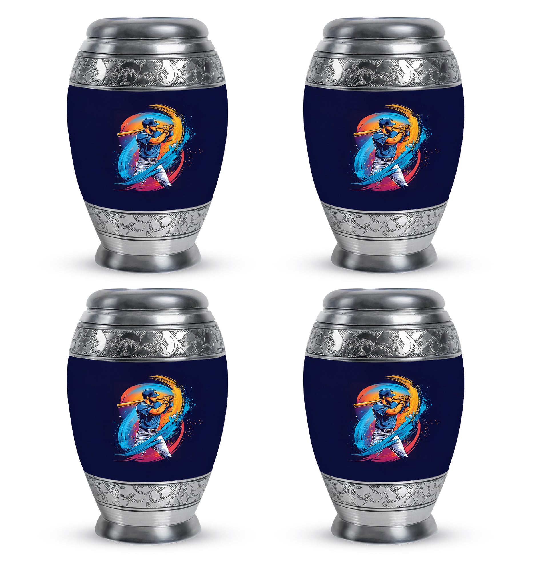 Soft Blue Baseball Cremation Urn urn with complimentary velvet bag - majestic baseball pattern with filigree border - 10 inch aluminum urn for cremated remains