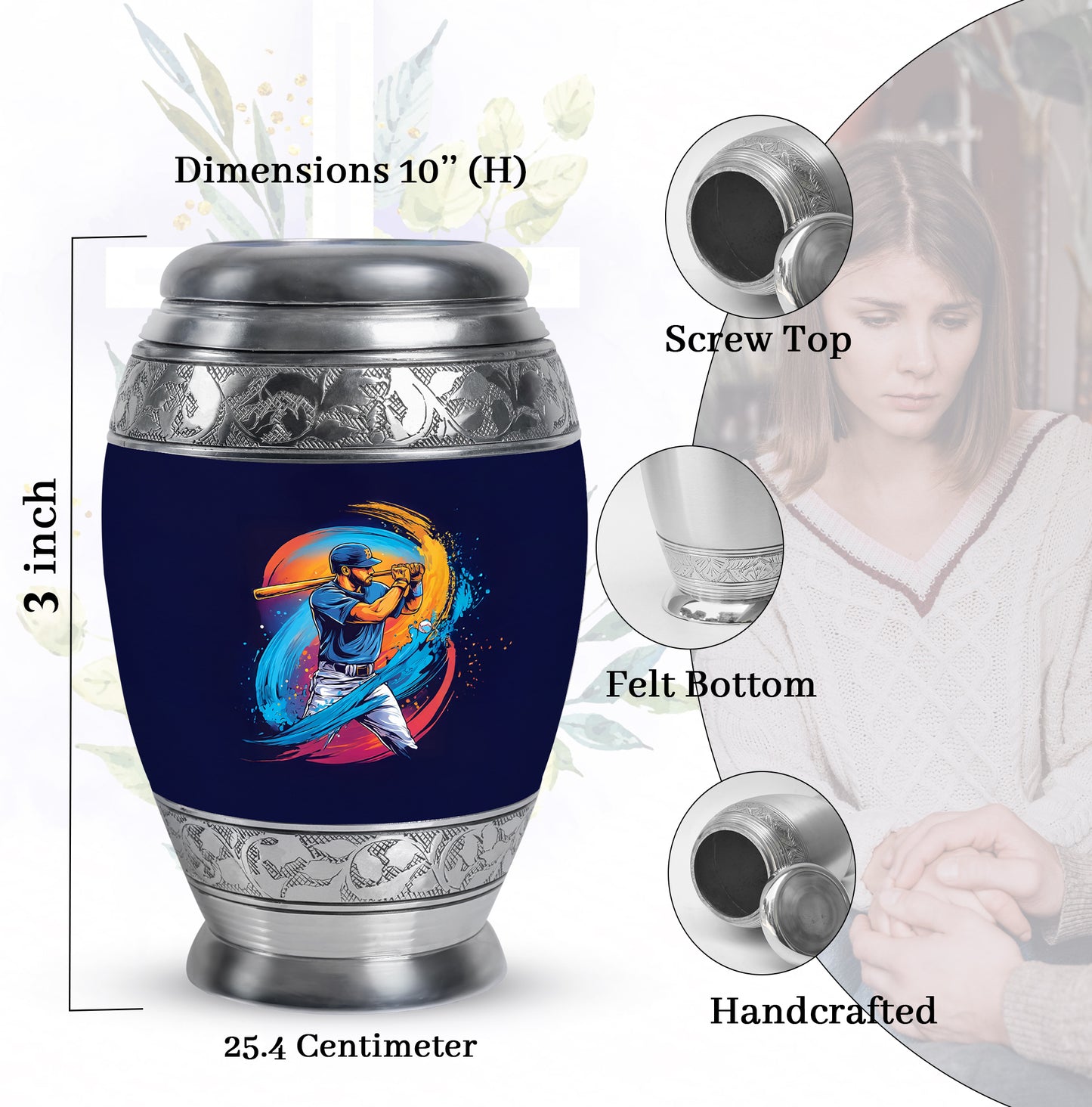 Misty Blue Baseball Cremation Urn lifestyle display on memorial shelf - ornate monarch-style baseball relief on brushed aluminum - mini keepsake memorial for portion of cremation ashes