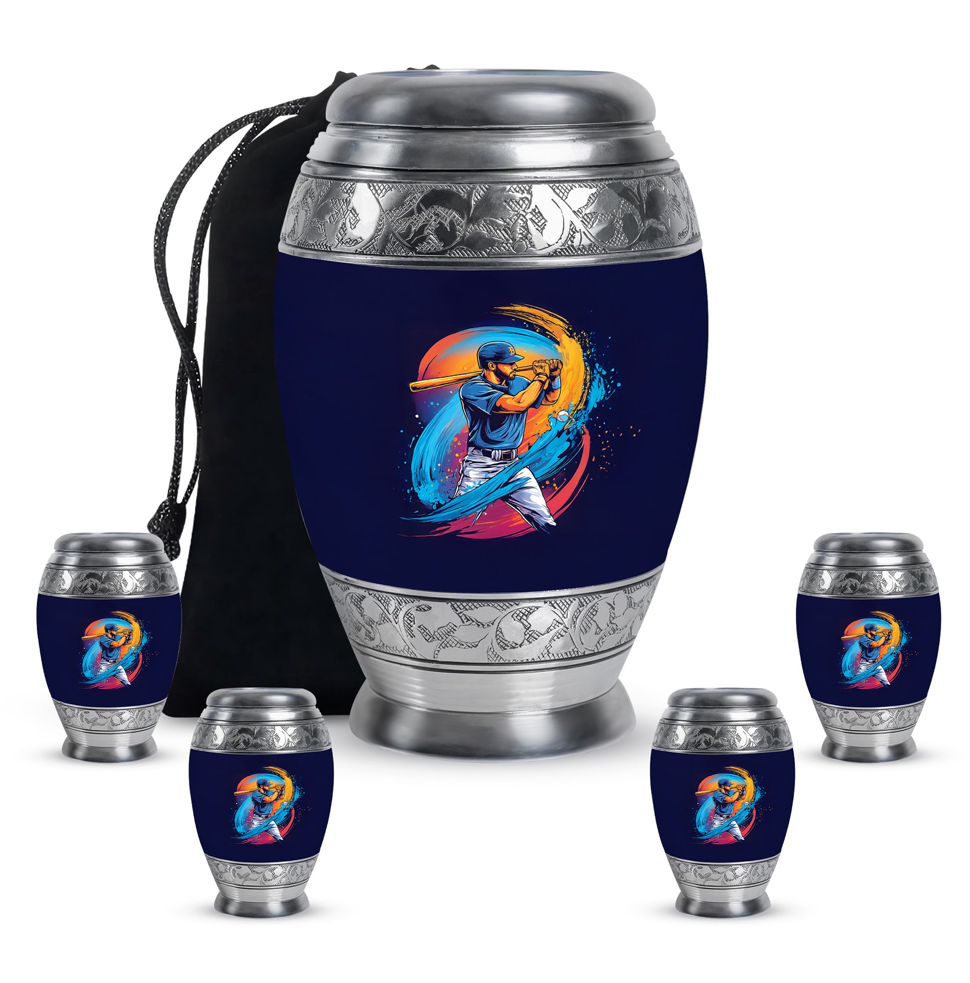 Bright Blue Baseball Cremation Urn detail view - royal baseball engraving with decorative scrollwork - memorial set with one large and four small urns