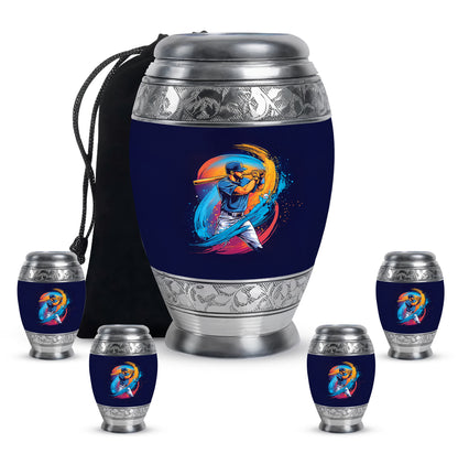 Bright Blue Baseball Cremation Urn detail view - royal baseball engraving with decorative scrollwork - memorial set with one large and four small urns