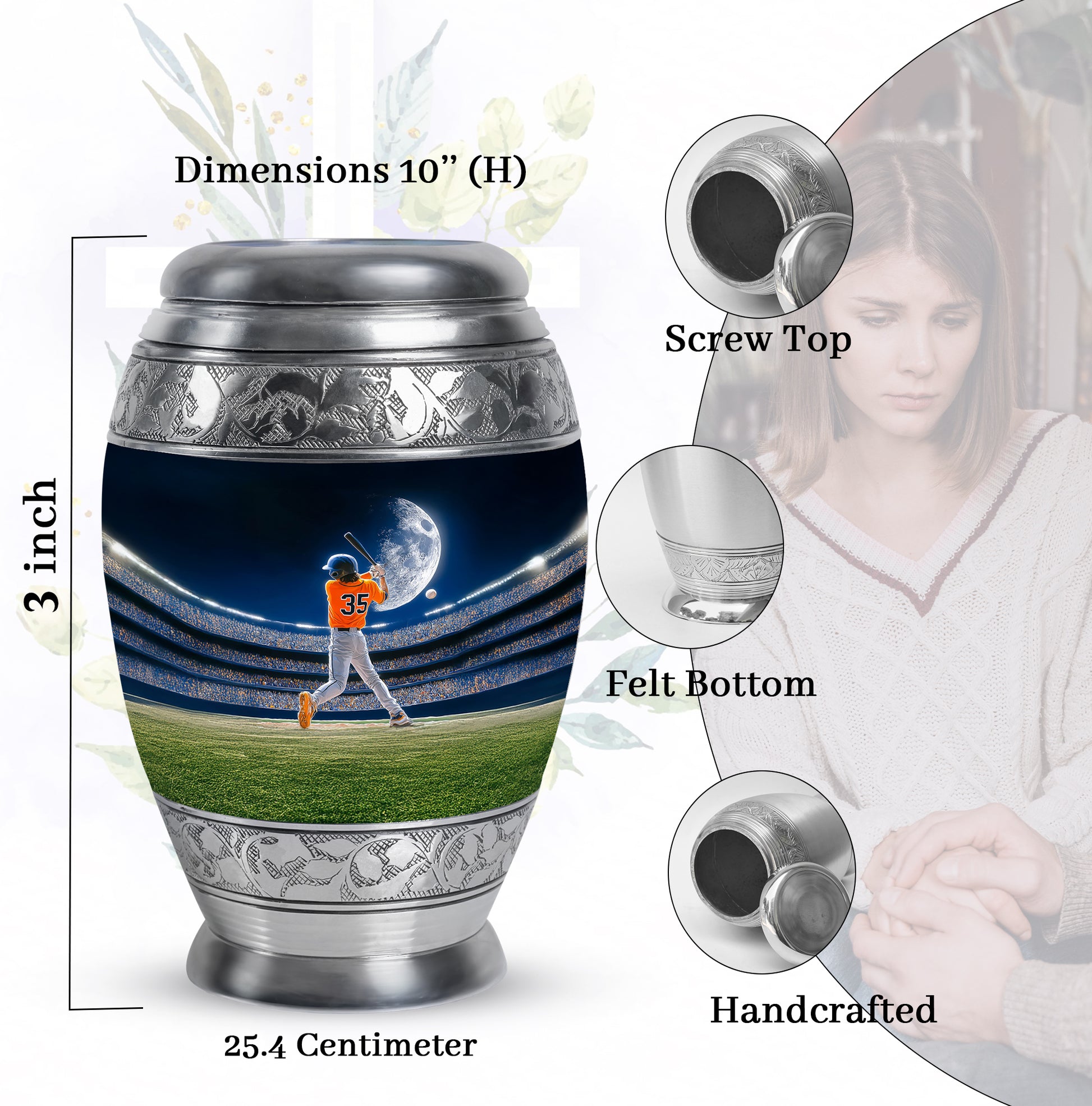 Cornflower Blue Baseball Cremation Urn lifestyle display on memorial shelf - royal baseball engraving with decorative scrollwork - mini keepsake memorial for portion of cremation ashes