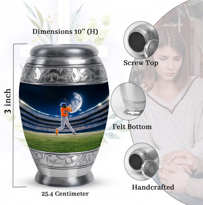 Cornflower Blue Baseball Cremation Urn lifestyle display on memorial shelf - royal baseball engraving with decorative scrollwork - mini keepsake memorial for portion of cremation ashes