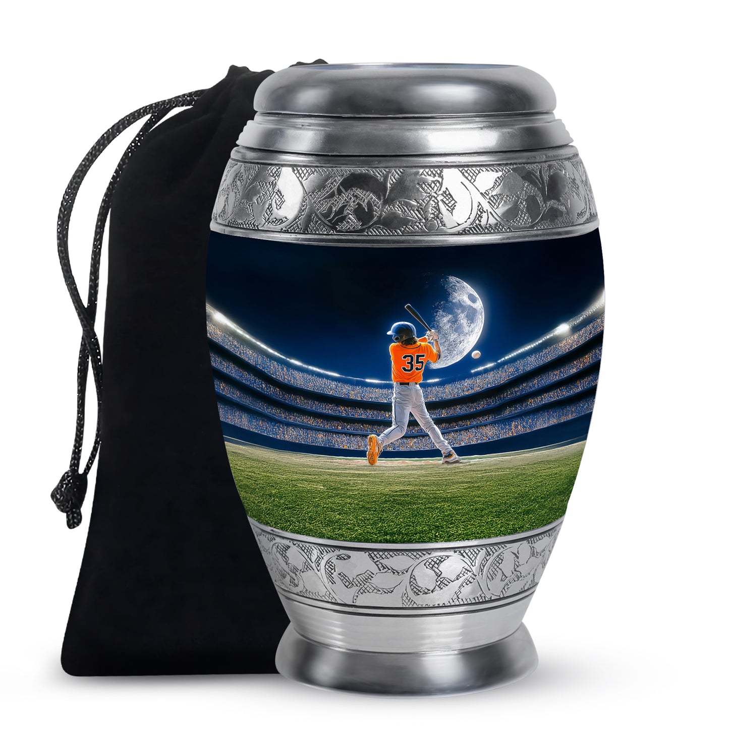 Bright Blue Baseball Cremation Urn back view with polished surface - royal baseball engraving with decorative scrollwork - full-size 10 inch 200 cubic inch adult cremation urn