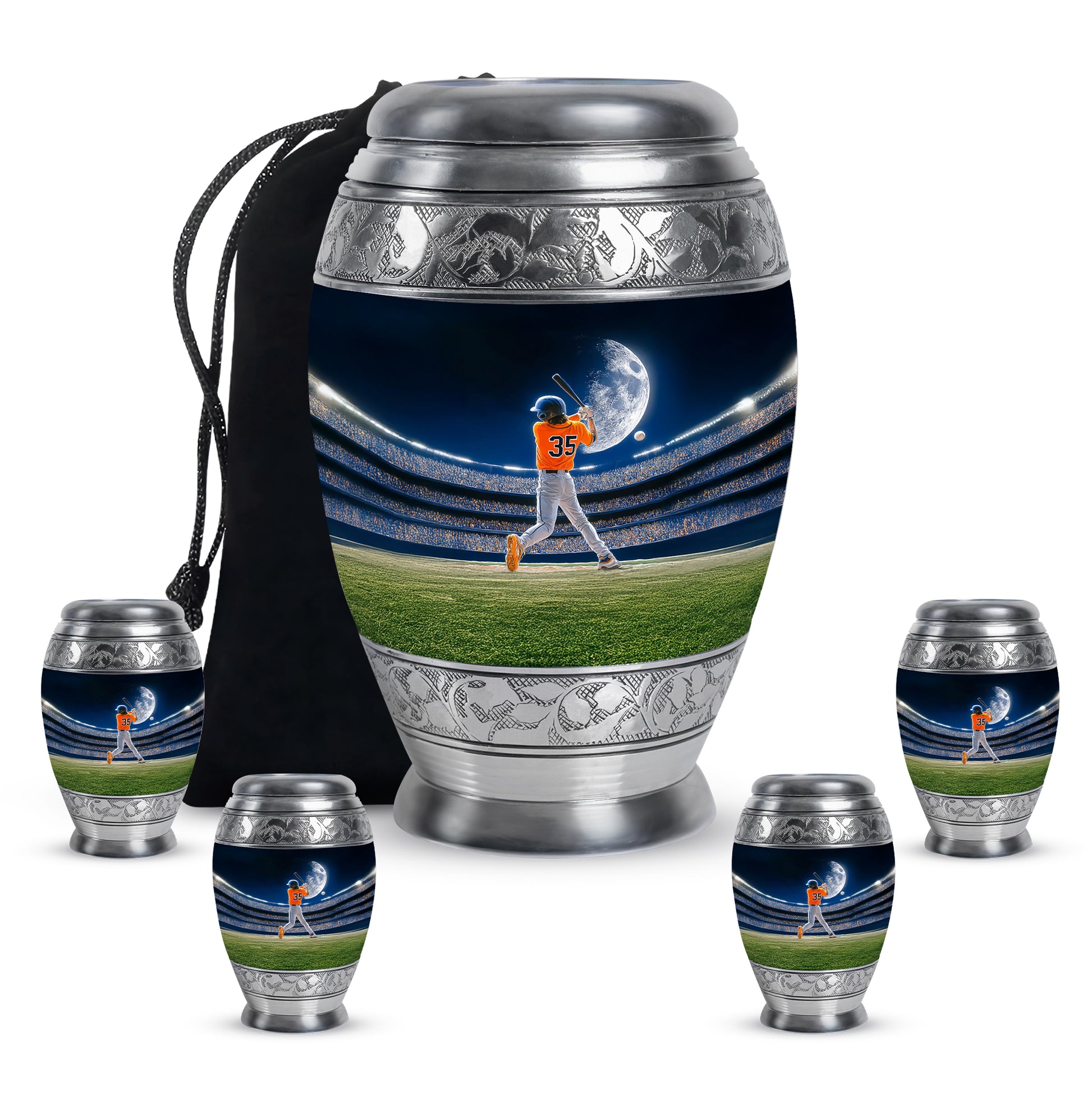 Sapphire Blue Baseball Cremation Urn detail view - majestic baseball pattern with filigree border - memorial set with one large and four small urns