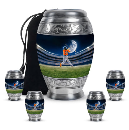 Sapphire Blue Baseball Cremation Urn detail view - majestic baseball pattern with filigree border - memorial set with one large and four small urns