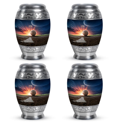 Indigo Baseball Cremation Urn urn with complimentary velvet bag - regal baseball design with crown-inspired accents - 10 inch aluminum urn for cremated remains