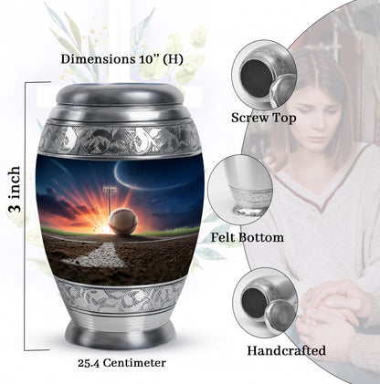 Slate Blue Baseball Cremation Urn lifestyle display on memorial shelf - regal baseball design with crown-inspired accents - mini keepsake memorial for portion of cremation ashes