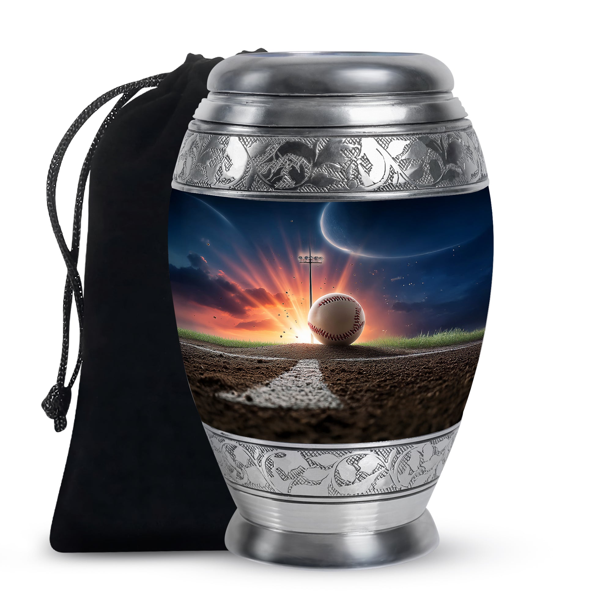 Bright Blue Baseball Cremation Urn back view with polished surface - royal baseball engraving with decorative scrollwork - full-size 10 inch 200 cubic inch adult cremation urn