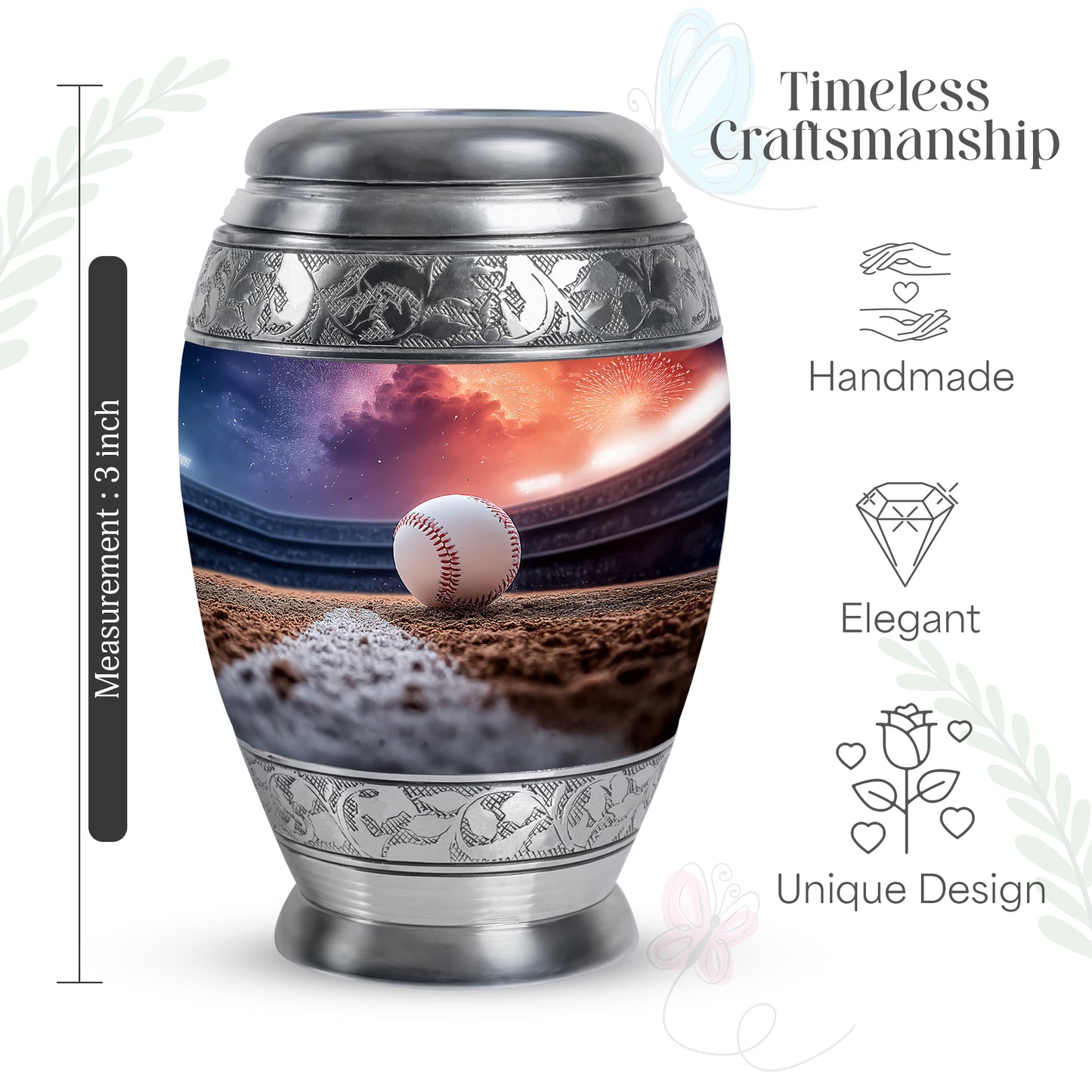 Majestic Purple Baseball Cremation Urn lifestyle display on memorial shelf - ornate monarch-style baseball relief on brushed aluminum - mini keepsake memorial for portion of cremation ashes