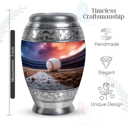 Majestic Purple Baseball Cremation Urn lifestyle display on memorial shelf - ornate monarch-style baseball relief on brushed aluminum - mini keepsake memorial for portion of cremation ashes