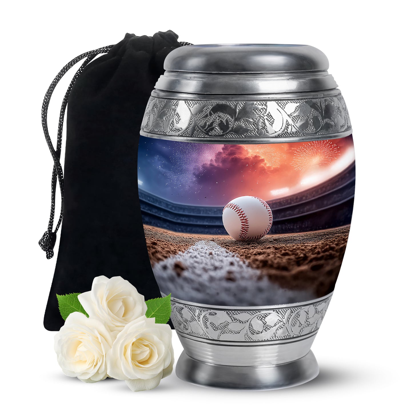 Orchid Purple Baseball Cremation Urn back view with polished surface - regal baseball design with crown-inspired accents - full-size 10 inch 200 cubic inch adult cremation urn