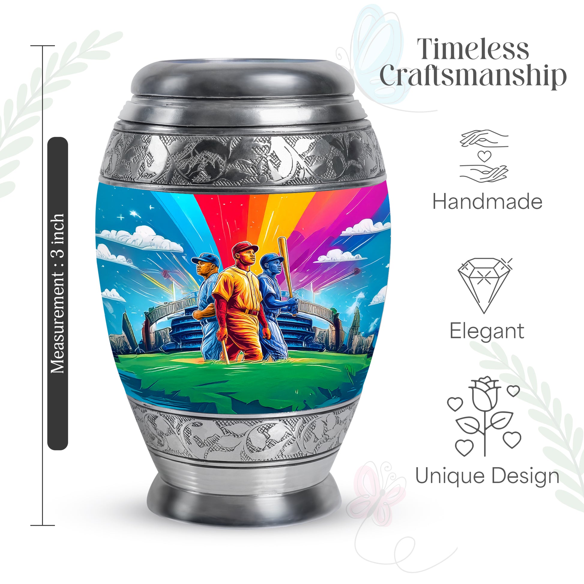 Soft Blue Baseball Cremation Urn lifestyle display on memorial shelf - majestic baseball pattern with filigree border - mini keepsake memorial for portion of cremation ashes