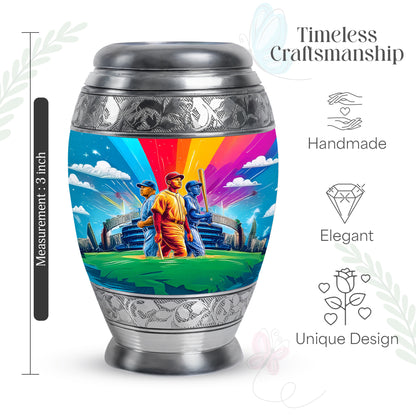 Soft Blue Baseball Cremation Urn lifestyle display on memorial shelf - majestic baseball pattern with filigree border - mini keepsake memorial for portion of cremation ashes