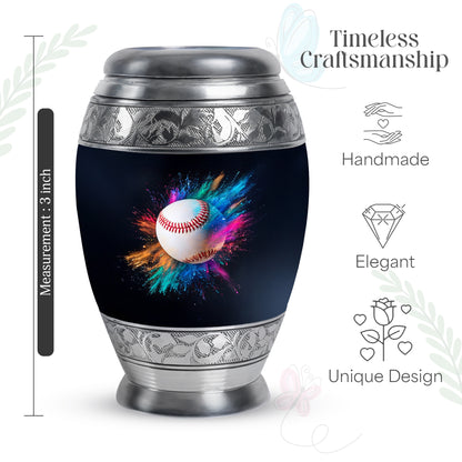 Rich Black Baseball Cremation Urn lifestyle display on memorial shelf - regal baseball design with crown-inspired accents - mini keepsake memorial for portion of cremation ashes