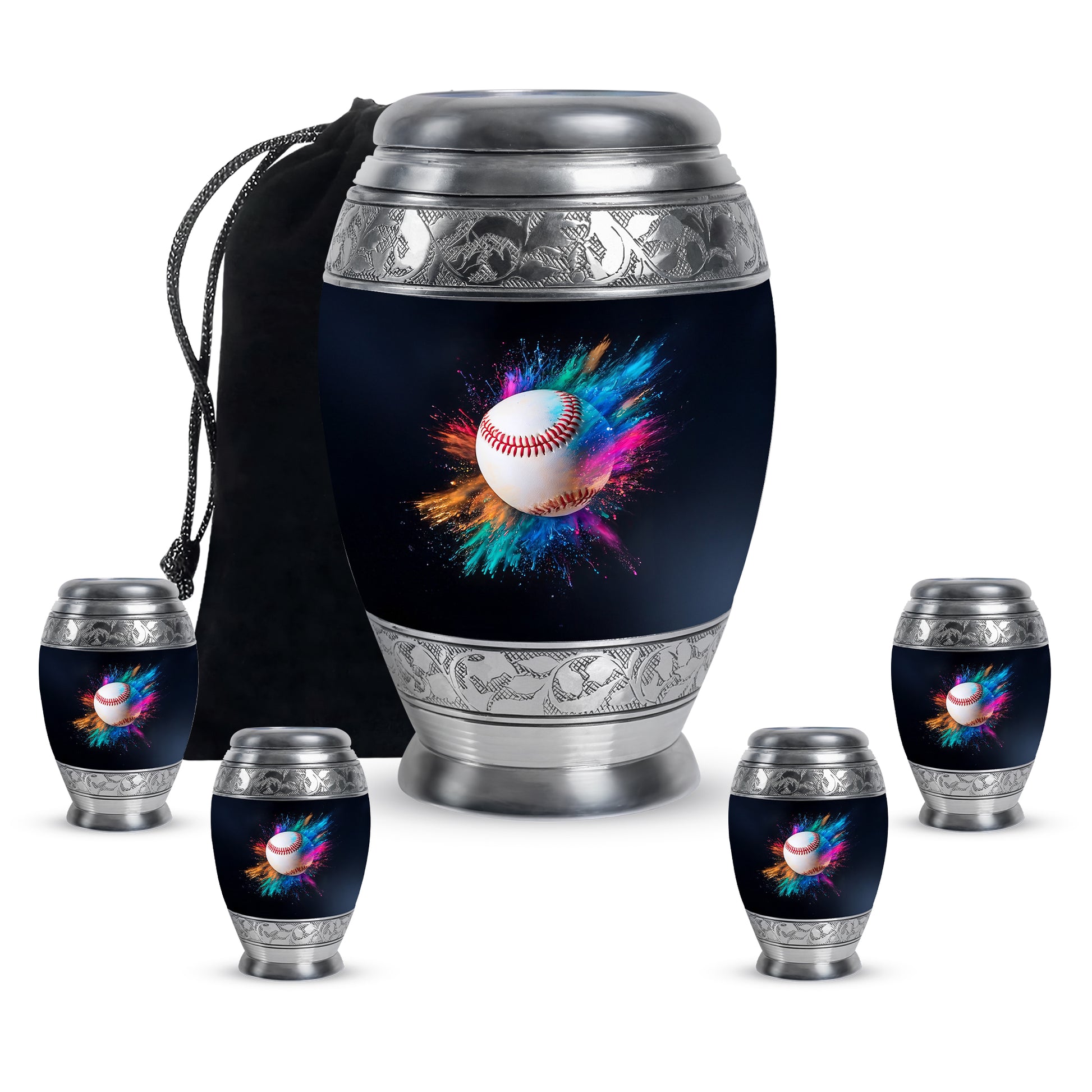 Jet Black Baseball Cremation Urn detail view - regal baseball design with crown-inspired accents - memorial set with one large and four small urns
