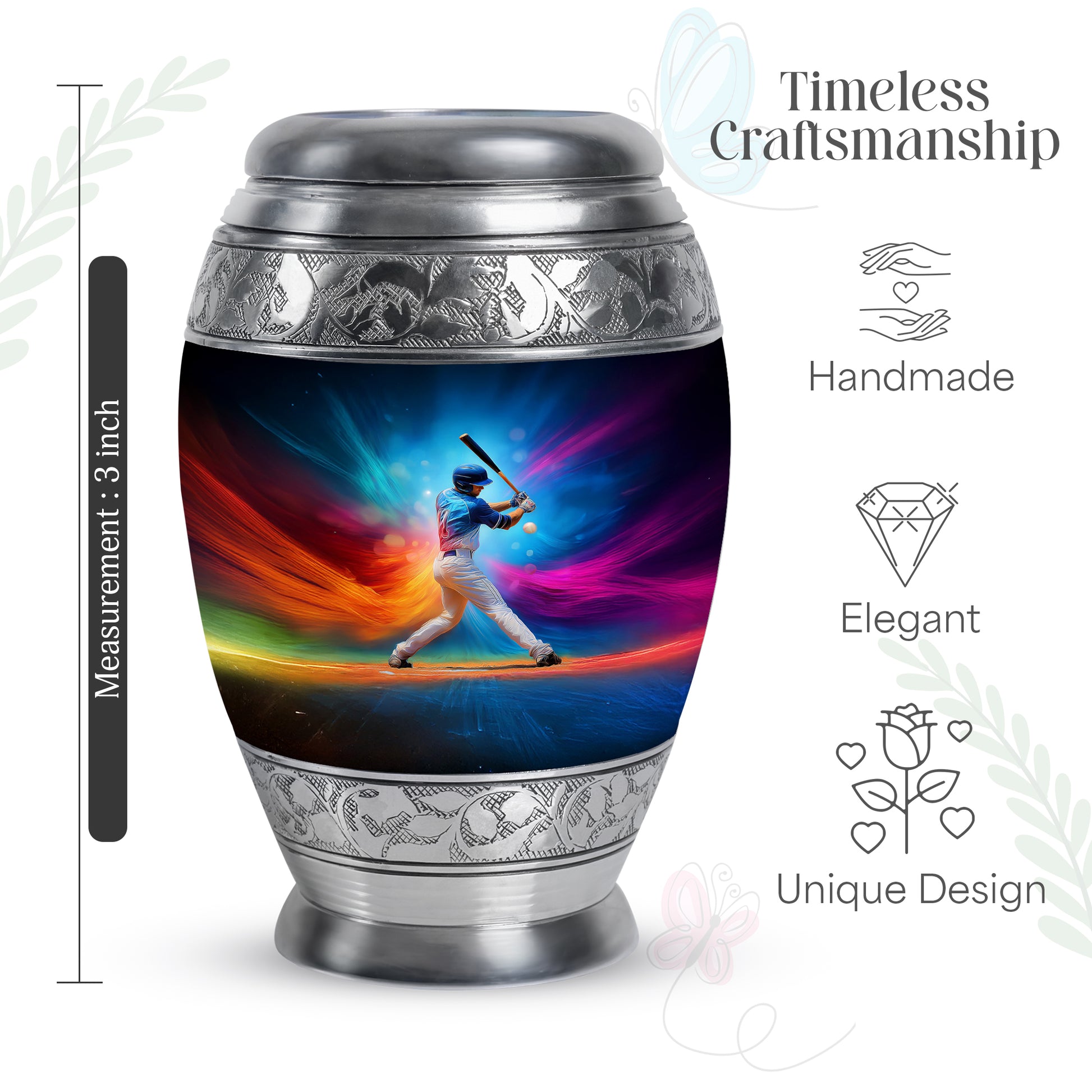 Twilight Blue Baseball Cremation Urn lifestyle display on memorial shelf - royal baseball engraving with decorative scrollwork - mini keepsake memorial for portion of cremation ashes